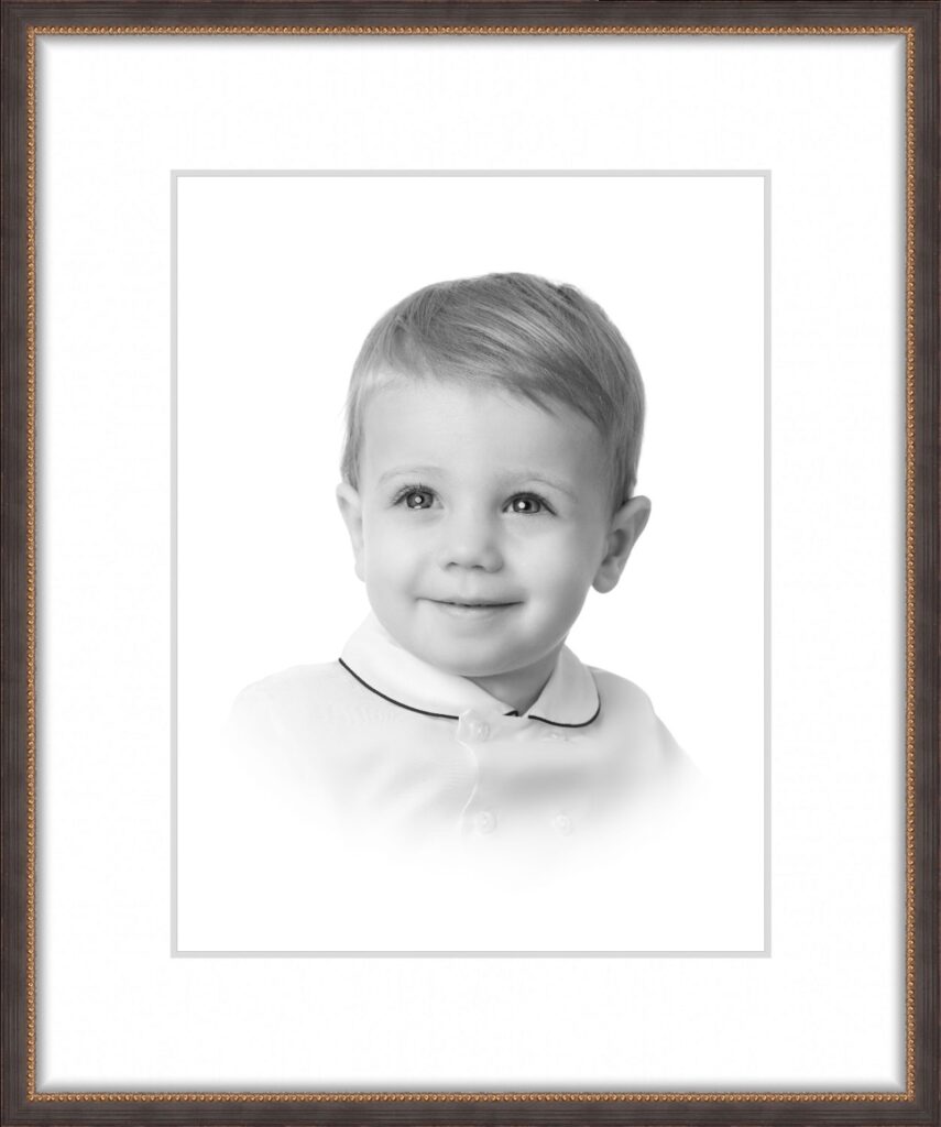 toddler Heirloom Portrait in black frame with gold beading
