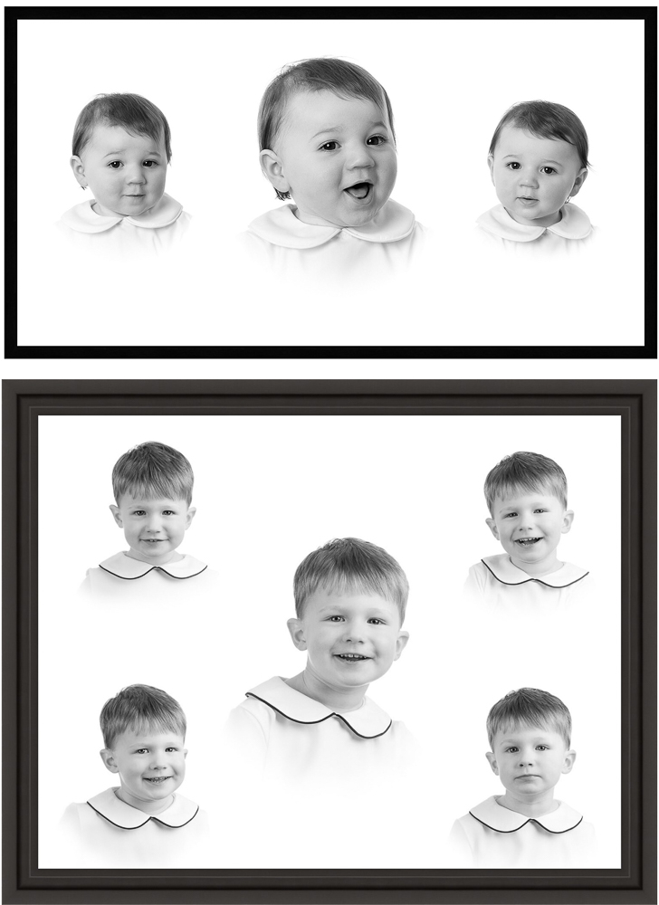 Black and white composite showing young children displaying different expressions and emotions in studio portraits