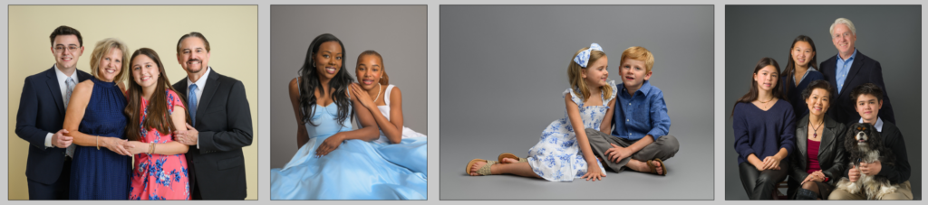 Four examples of professional family portrait sessions showing different clothing styles and poses